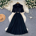 French chic black lace-trimmed dress - summer korean style short sleeve tie-waist slimming a-line maxi dress