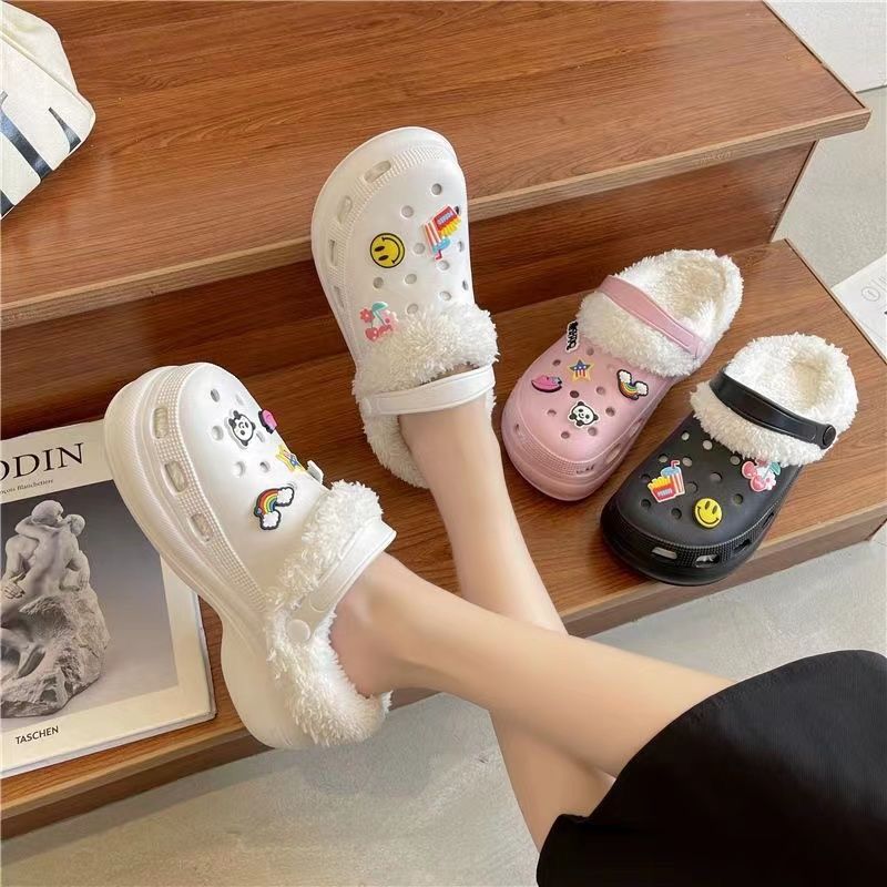 Little red book's same style crocs shoes for women winterfleece-linedheattechcute non-slip couple cotton slippers for home and outdoor wear for nurses