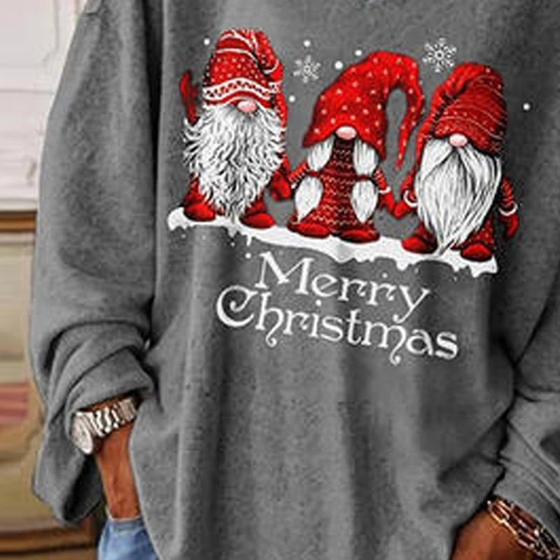 European and American autumn and winter new Christmas printing loose V-neck pullover large size long-sleeved T-shirt-APU7149