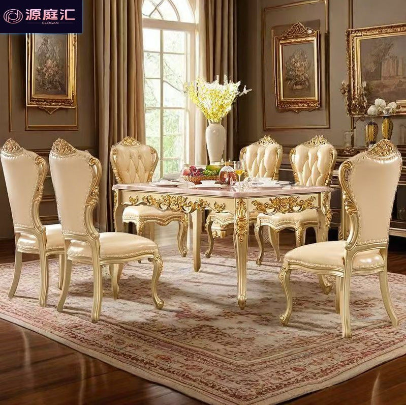 European-style rectangular dining table with marble top, luxury home dining set, deluxe table with six chairs, long table, square wooden table