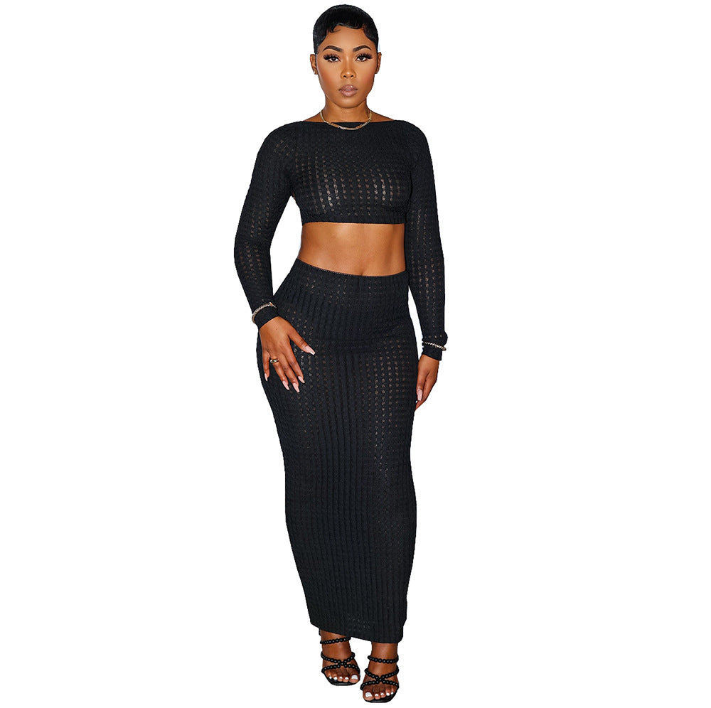 European and american casual skirt set -  cross-border women's fashion: hollow-out mesh long sleeve top + sexy bodycon skirt