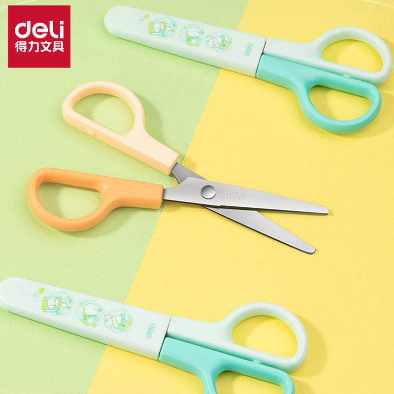 Deli 6021 student handmade scissors cute cartoon child protective cover scissors mini student small scissors wholesale