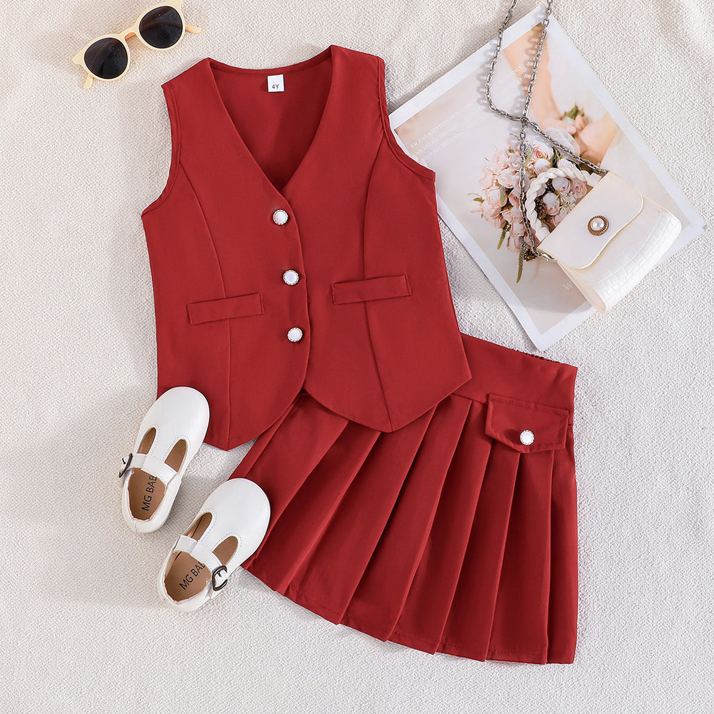 exclusive: girls' preppy summer outfit - red sleeveless vest + pleated skirt, fashionable casual style