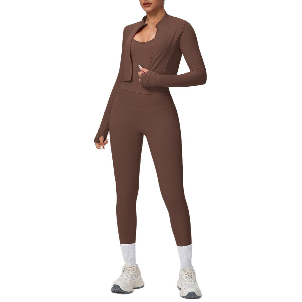 brushed tight drawstring halter vest nine-point long three-piece set sports running fitness yoga suit