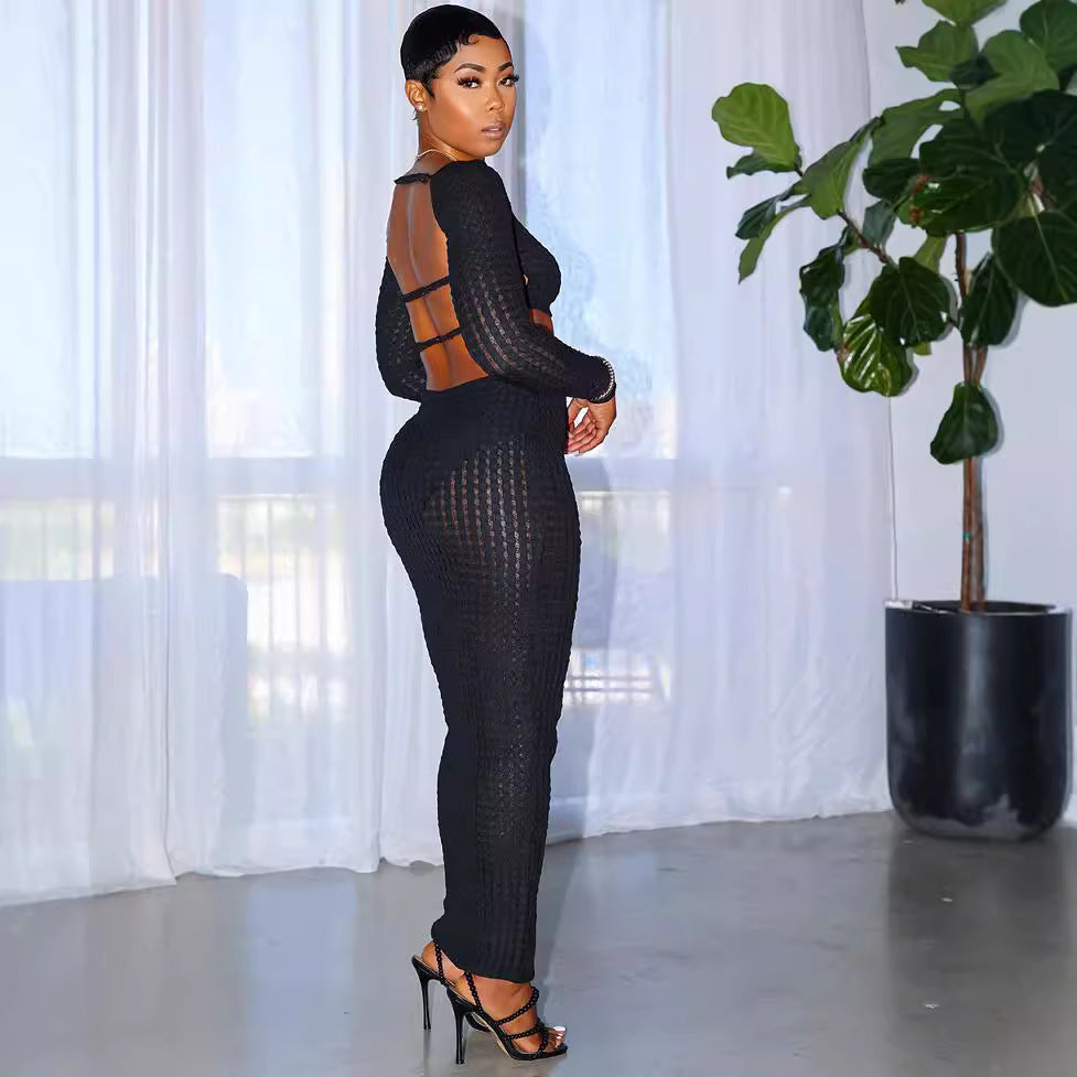 European and american casual skirt set -  cross-border women's fashion: hollow-out mesh long sleeve top + sexy bodycon skirt