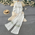 High-end embroidered floral shirt and wide-leg pants set - elegant two-piece outfit for women, new spring collection, commute-friendly, stylish and versatile