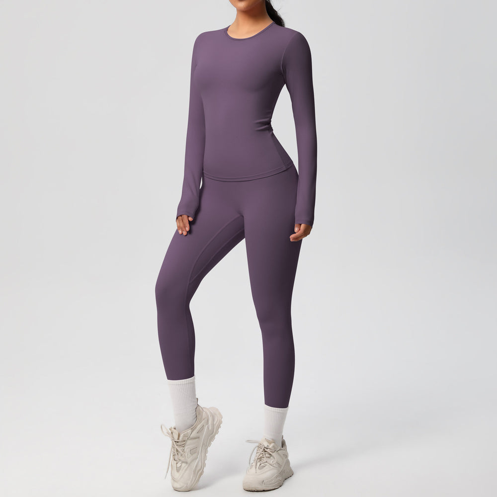 Ready-to-ship cross-border double-sided brushed solid color compression training long sleeve yoga set - activewear running fitness two-piece outfit