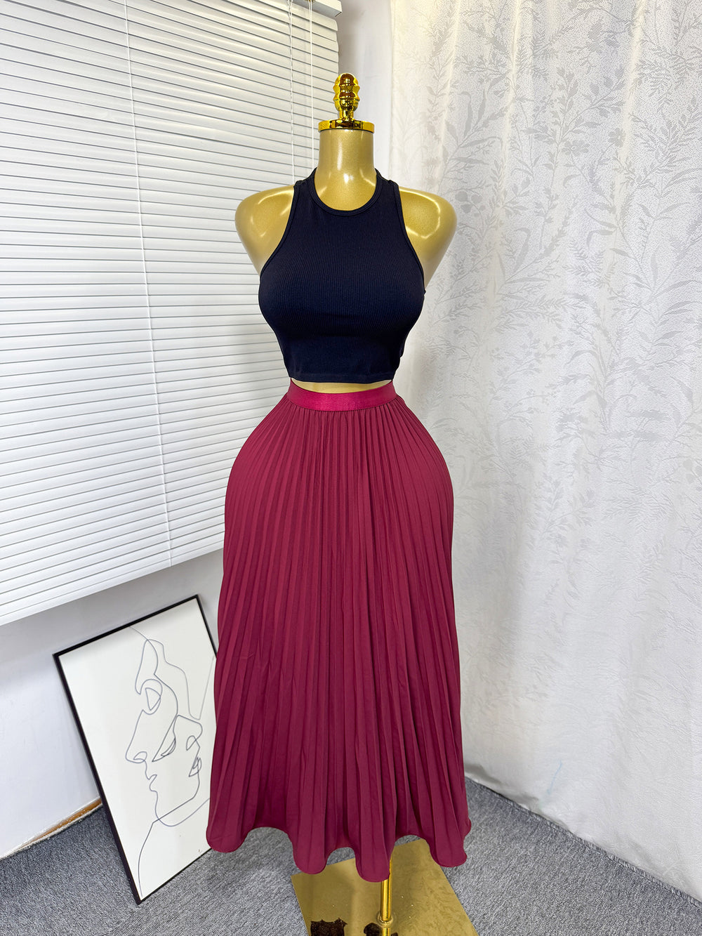 K-stylehigh waist elastic waist pure colorpleated skirt a-line skirt slimming lookeasiest for matchwork clothing skirt