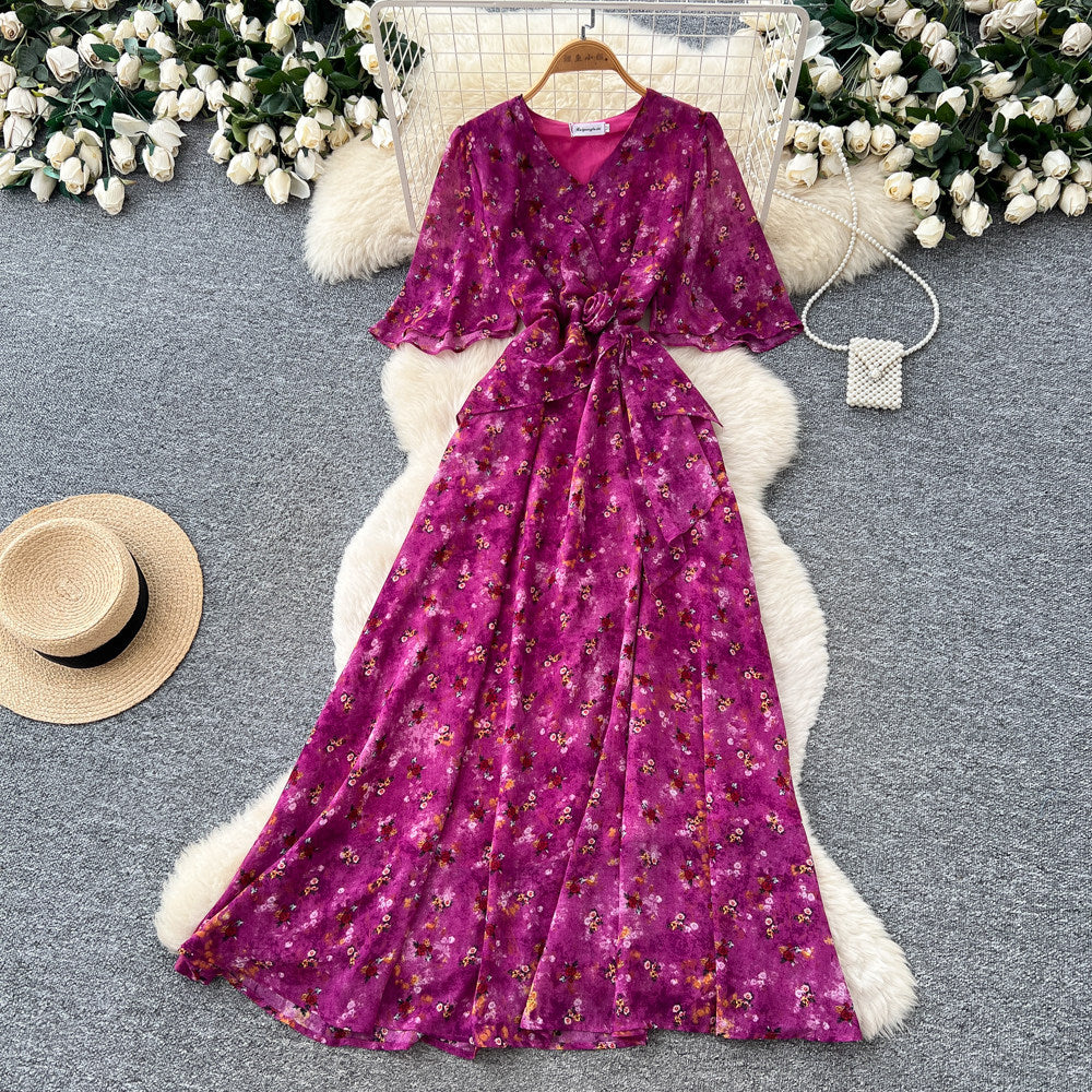 French country style blue floral short-sleeve dress - women's summer v-neck korean style fitted waist elegant maxi dress