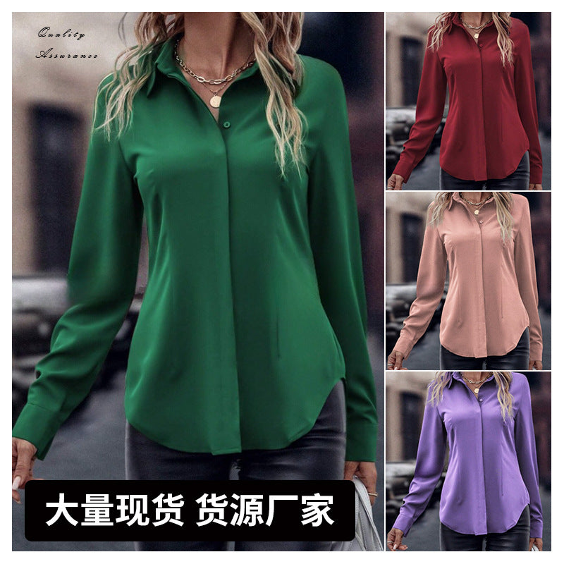 Button-down women's blouse, double-breasted satin collar long sleeve top, commuter style slim-fit cardigan, cross-border women's apparel