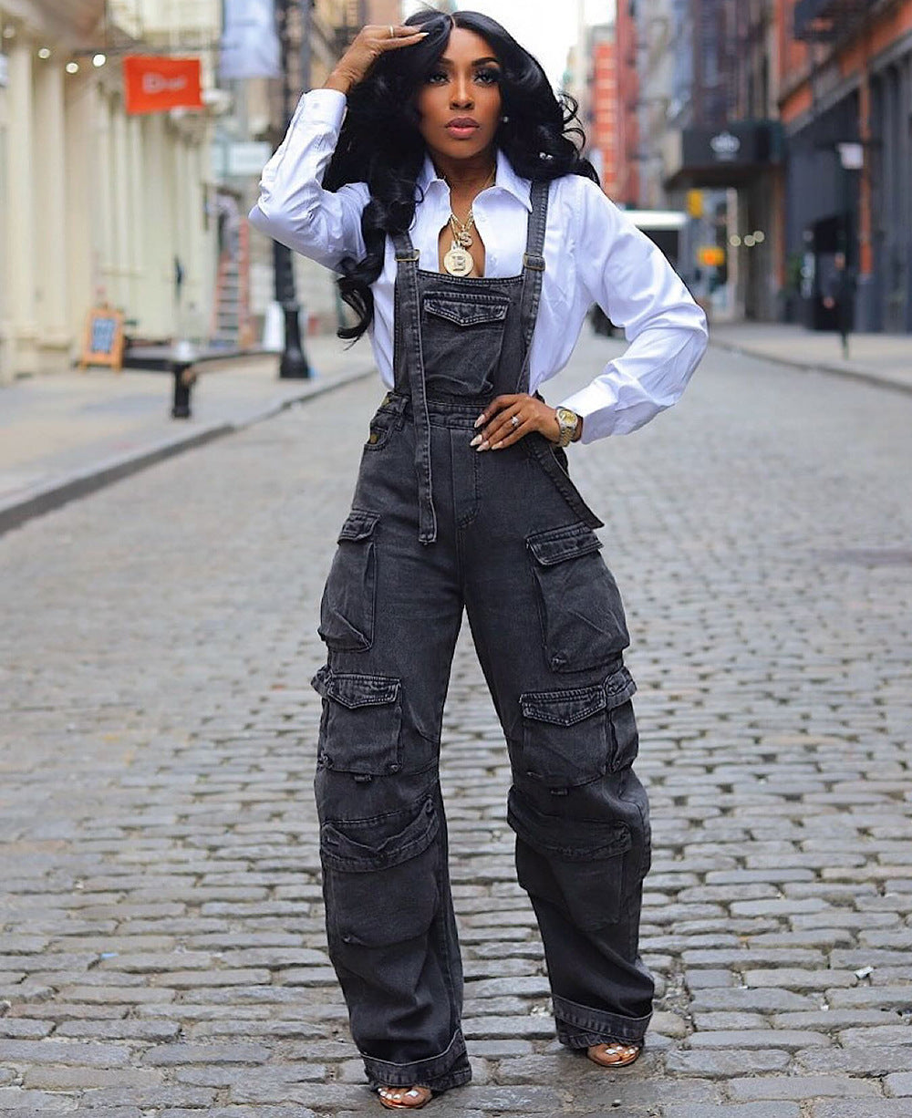 European and american style loose denim overalls -  cross-border women's spring streetwear fashion multi-pocket jumpsuit