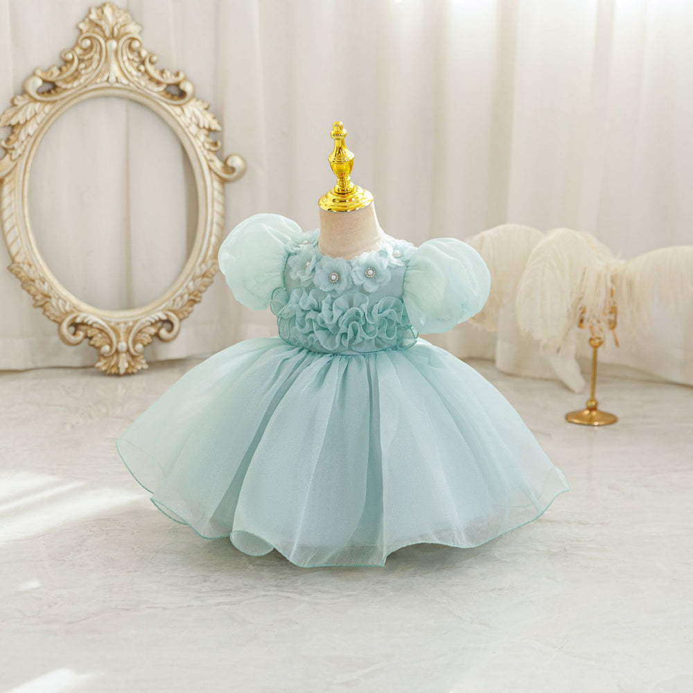 Ready-to-ship new bubble sleeve children's formal dress, floral tulle princess dress, baby girl's first birthday dress
