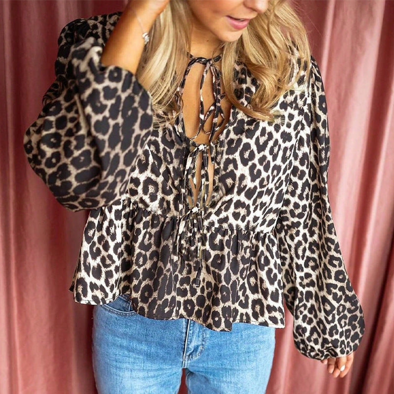 Customized  European and American temperament sexy leopard print long-sleeved shirt spring and autumn shirt cardigan female contractor package material processing