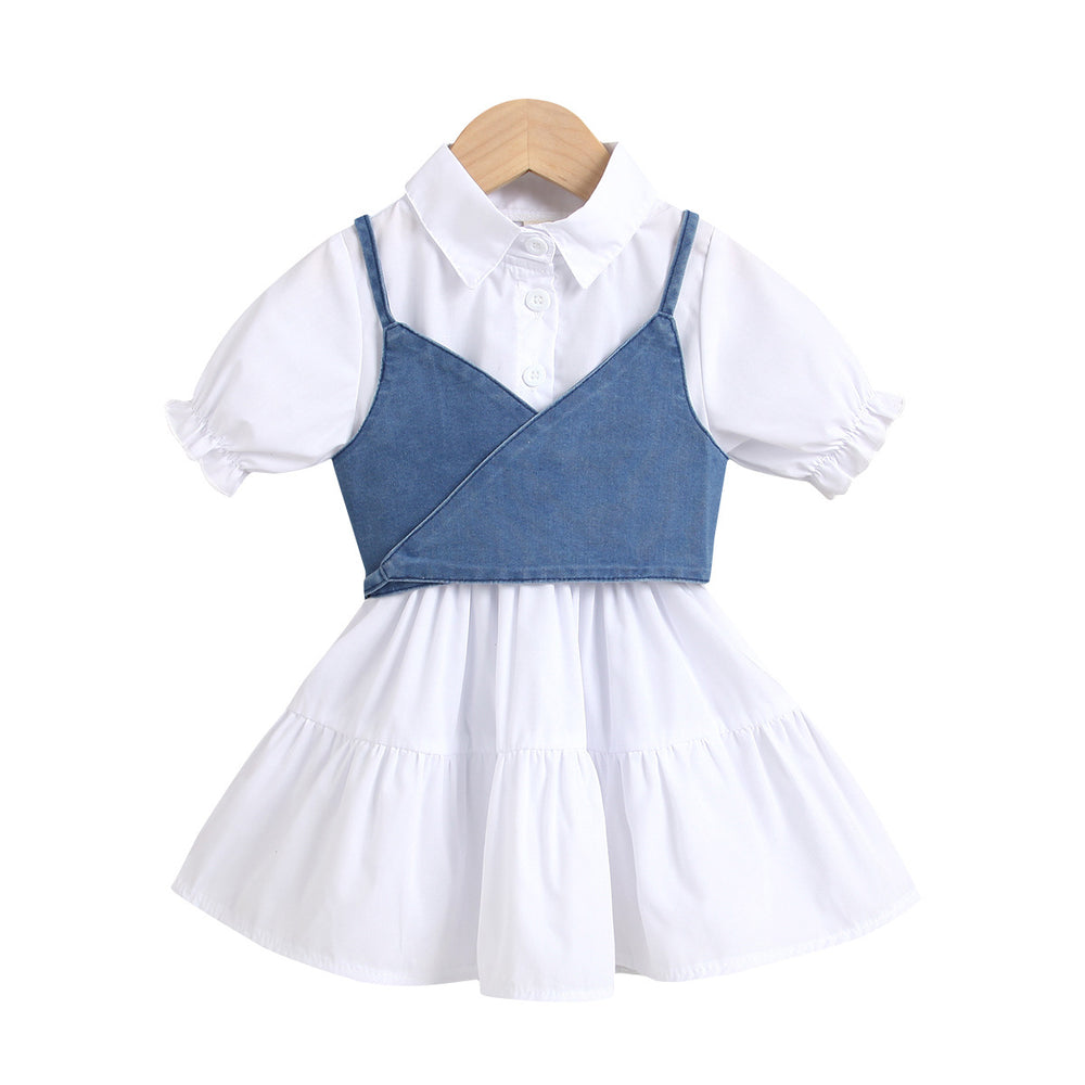 new product girl fashion style socialite pure color short-sleeved patchwork petticoat tie back denim camisole suit