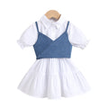 new product girl fashion style socialite pure color short-sleeved patchwork petticoat tie back denim camisole suit