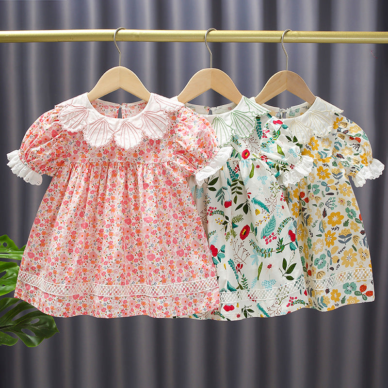 Princess dress for girls, baby summer pink floral dress, girls' dress with shell lace collar, elegant outing dress