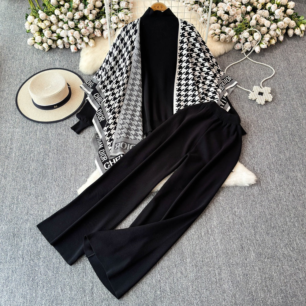 Korean chic fashion set: women's long-sleeve knit top & jacket + high-waisted slimming wide-leg straight pants - 3-piece outfit