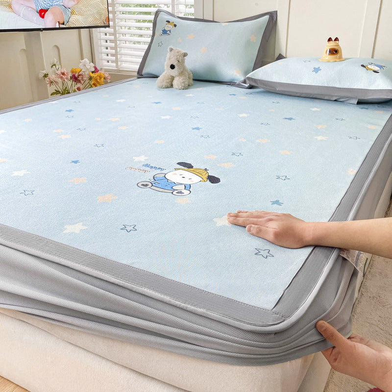 Summer ice rattan mat three-piece cartoon mattress foldable embroidered ice silk mat can sleep naked air conditioner soft mat