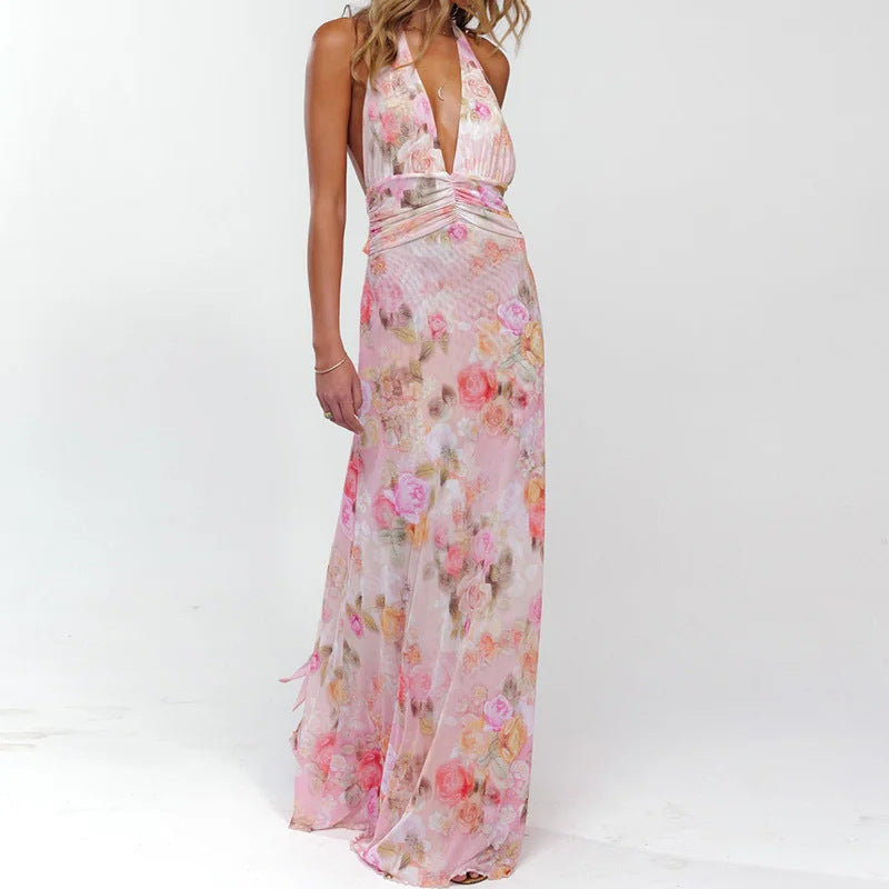 cross-border european and american women's clothing: summer dresses for women - fashionable vacation deep v halter neck printed slim-fit maxi dress