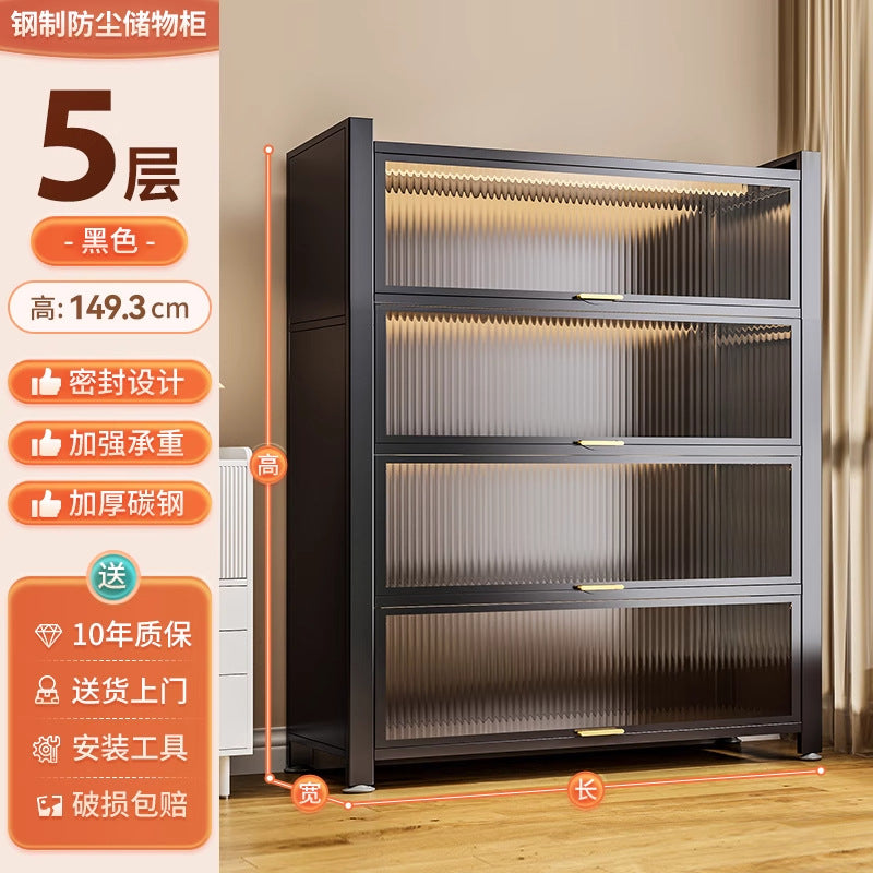 Multifunctional kitchen storage rack with cabinet doors, floor-standing, multi-tier, dustproof storage cabinet for microwave, pots, pans, and bowls