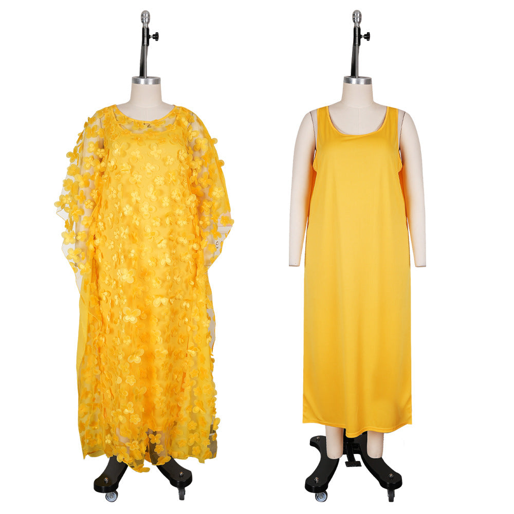 African women's dress 3d embroidered floral mesh round neck batwing sleeve loose plus size robe + vest maxi dress