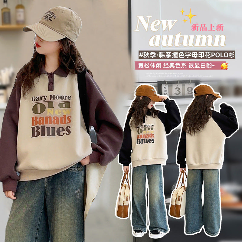 Girls' sweatshirt  new kids' spring/autumn fashionable polo collar top, loose casual children's clothing top for mid-to-large children