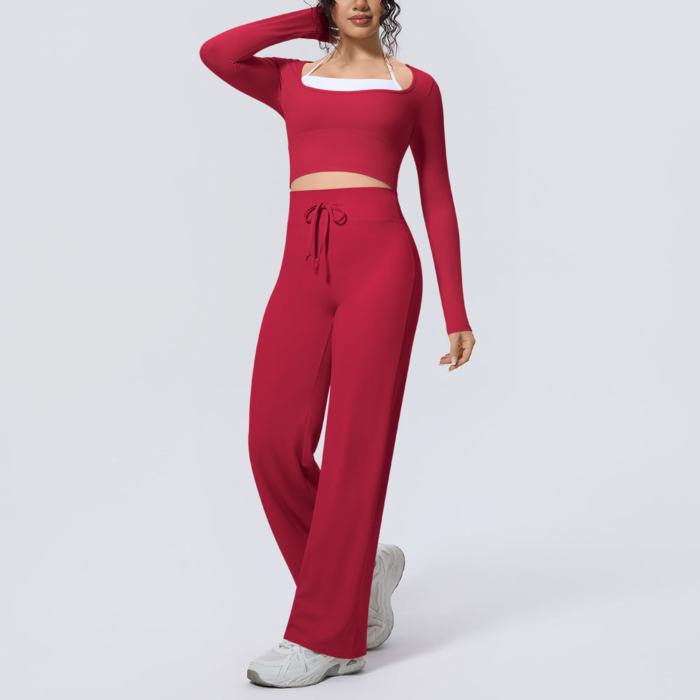 Naked feel quick-drying tight-fitting yoga clothes fake two-piece with chest pad sports long sleeves drawstring wide-leg running fitness suit for women
