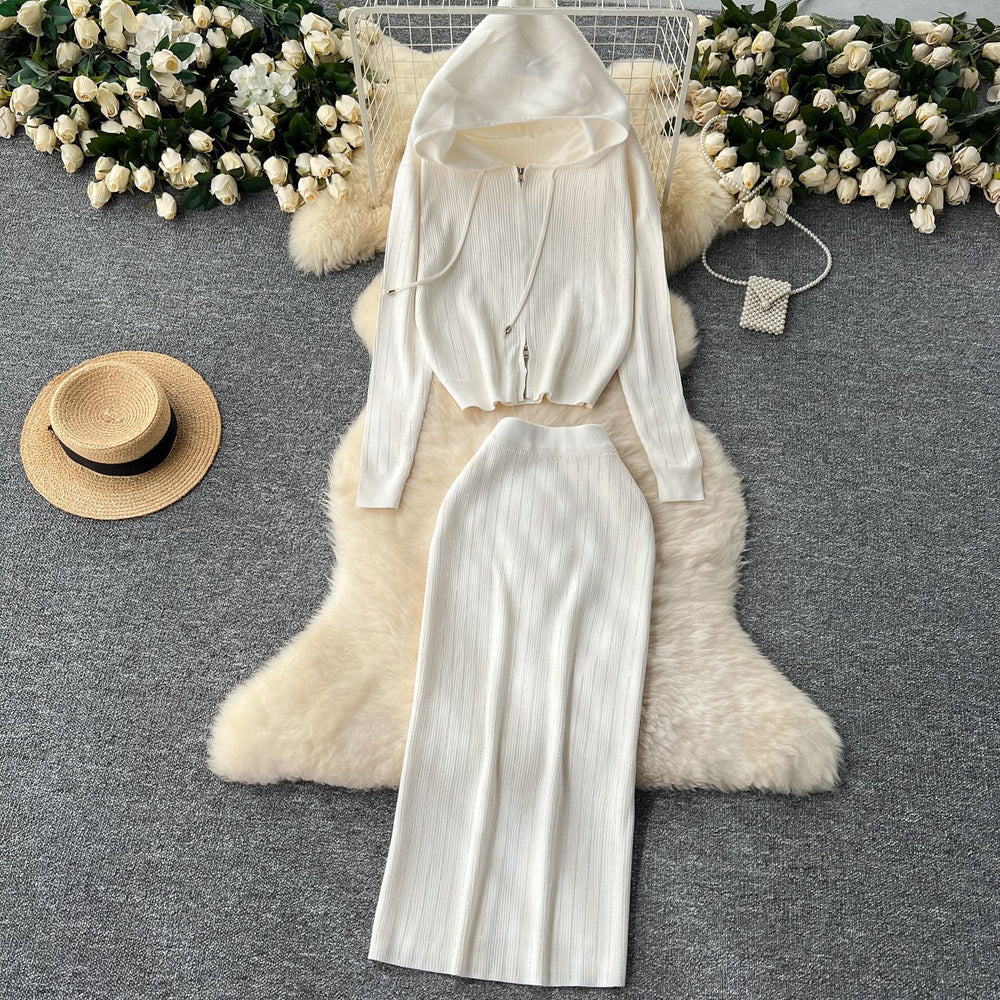 Fall and wintercasualsuitfemale celebrityfashion hot diamond hooded zipper cardigansweateroutwearknitting hip skirt
