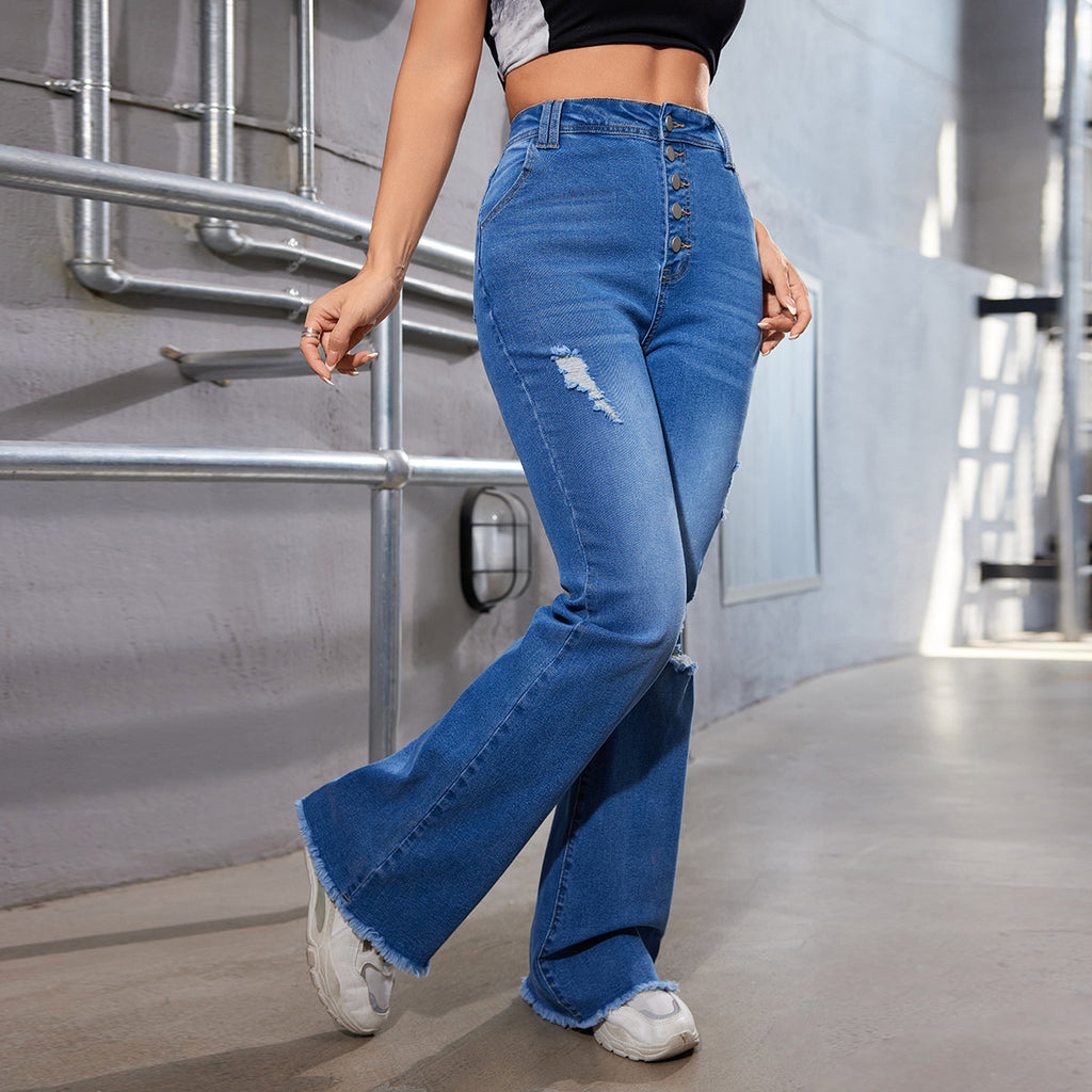 Cross-border European and American new high-waisted slim-fitting four-grain buckle thin washed holes slightly pulled casual denim trousers women