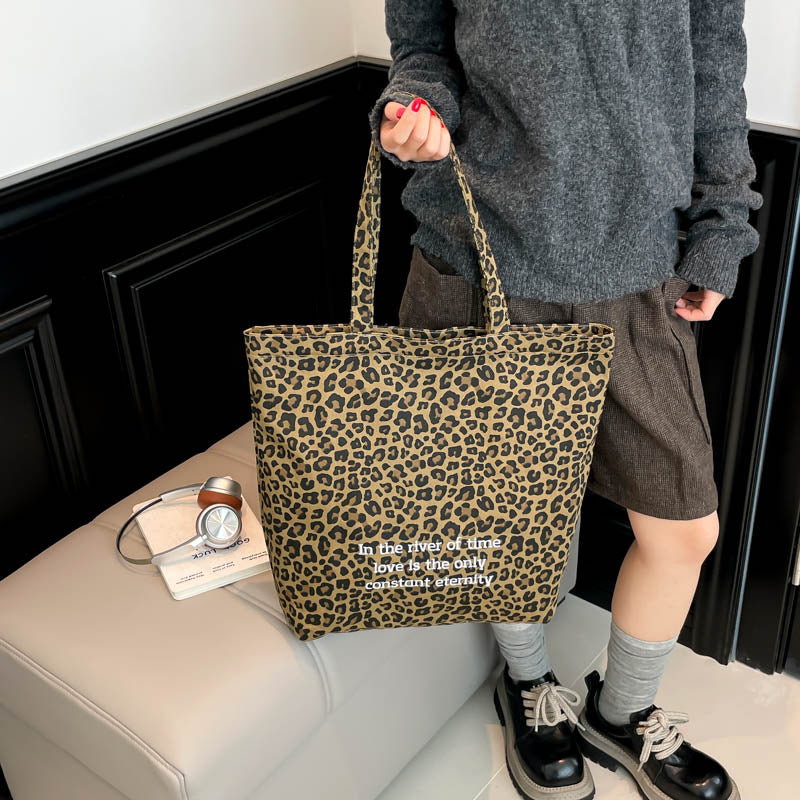 Autumn winter large-capacity leopard print bag for women korean style canvas bag ins shopping basket bag large-capacity tote bag