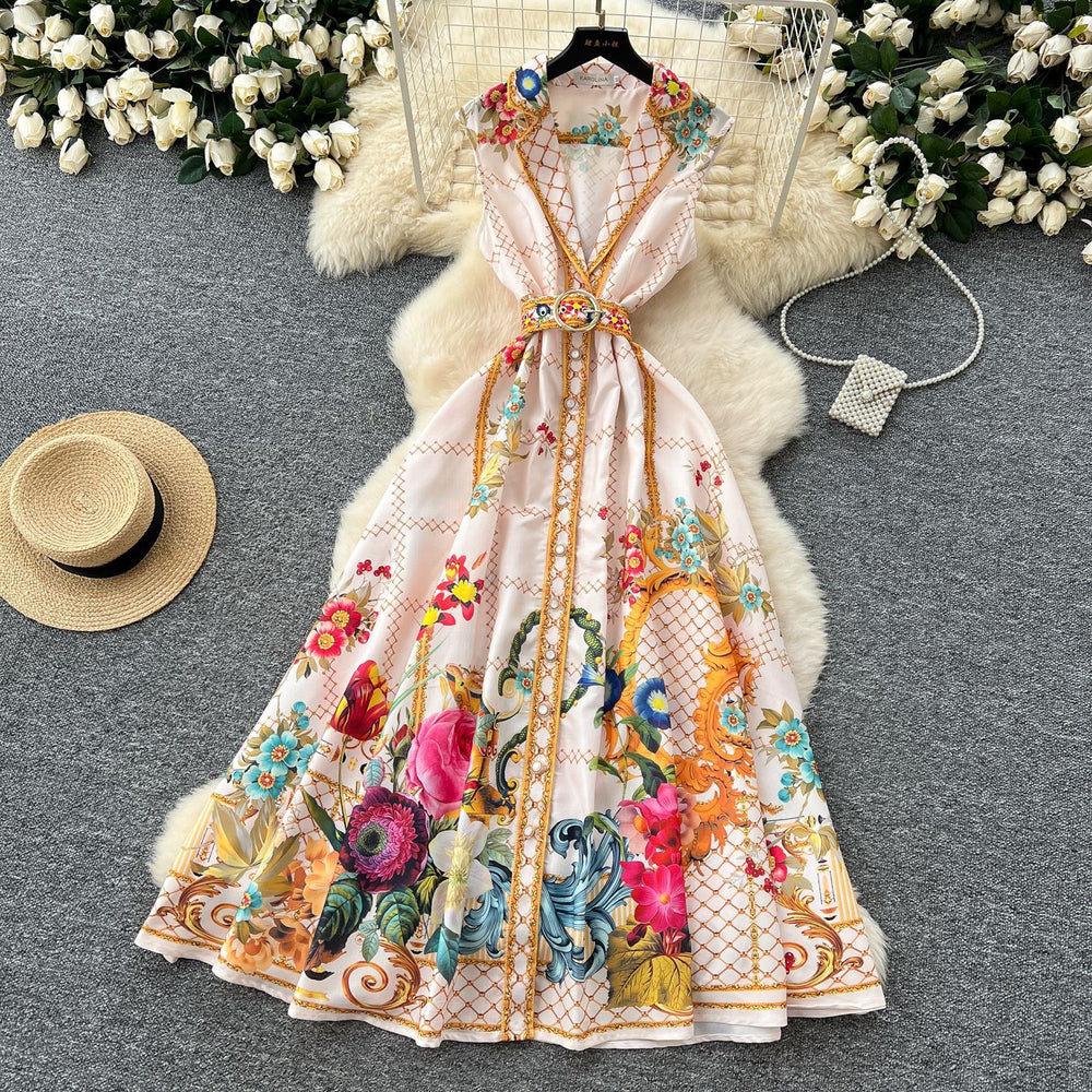 European and american retro court style v-neck sleeveless fashion placement print cinched waist slimming single-breasted long dress - spring collection