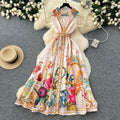 European and american retro court style v-neck sleeveless fashion placement print cinched waist slimming single-breasted long dress - spring collection