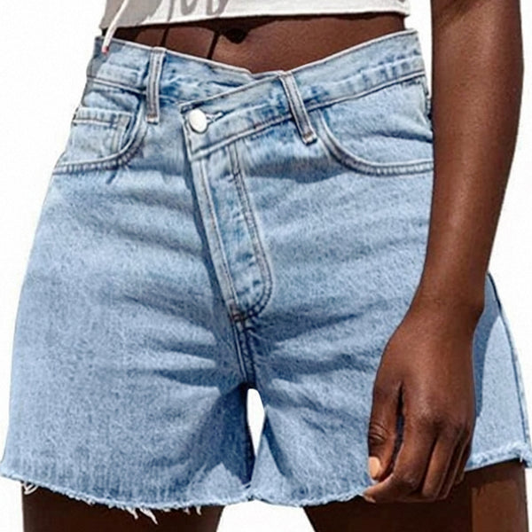 Design sense irregular slant waist rough edge denim shorts retro slim fit versatile wide leg casual a word hot pants