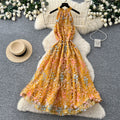 French riviera style halter floral dress - women's summer  high-waisted slimming yellow a-line maxi dress