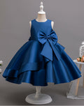 Ready-to-ship cross-border girls' formal dress, round neck vest, navy blue bow, satin dress, european and american style flower girl evening gown