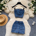 Retro denim casualtwo-piece set women's summer silmtube top vest hip cover skirt slimming lookhot girlsuit