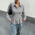 Women's slim-fit shirred waist vertical stripe long sleeve blouse - wholesale
