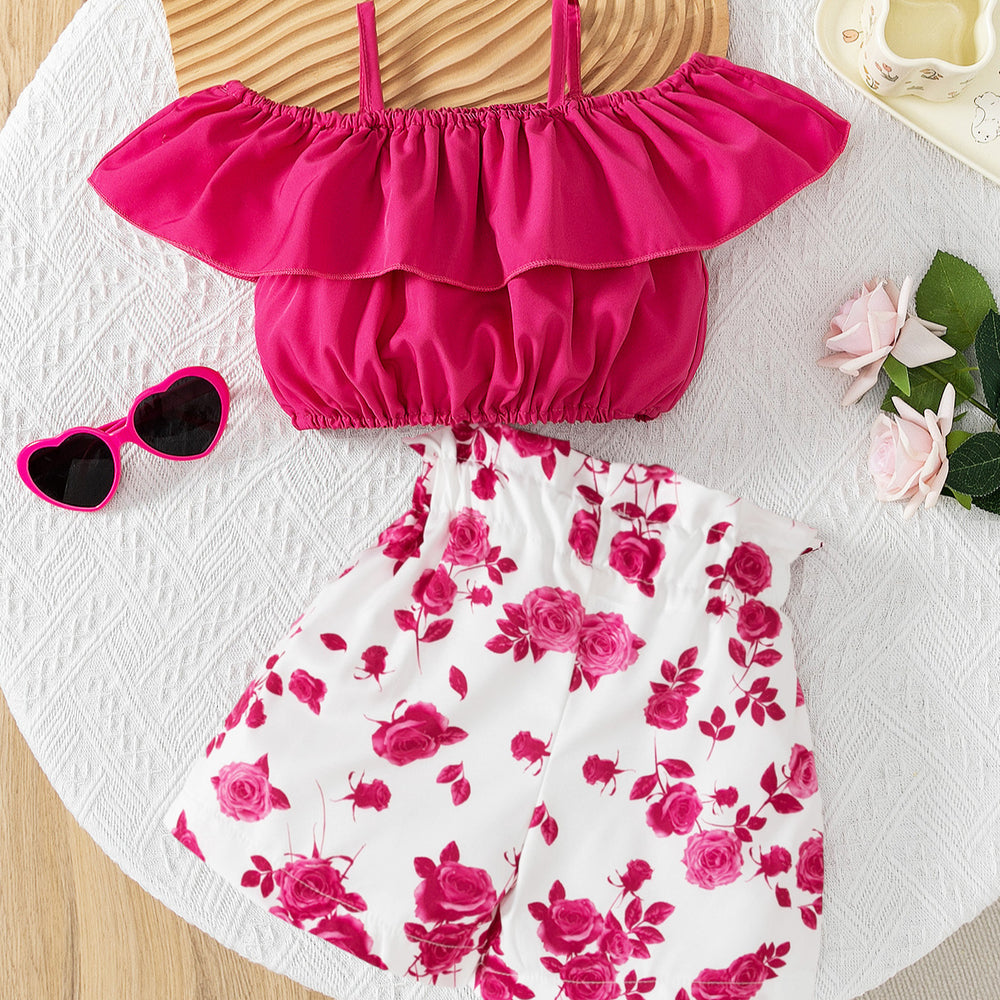 cross-border new arrival: girls' elegant solid color camisole off-the-shoulder waist-cinching top + shorts set