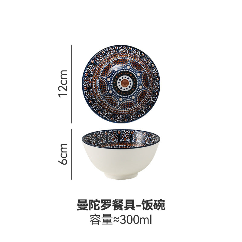 Creative bohemian style bowl and plate set - underglaze color home ceramic tableware - exotic double-handled plate