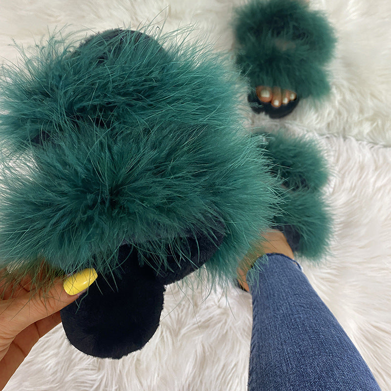 Turkey feather slippers for women outwearexport cotton slippers fashionfashion fur home flatscolorful fur slippers