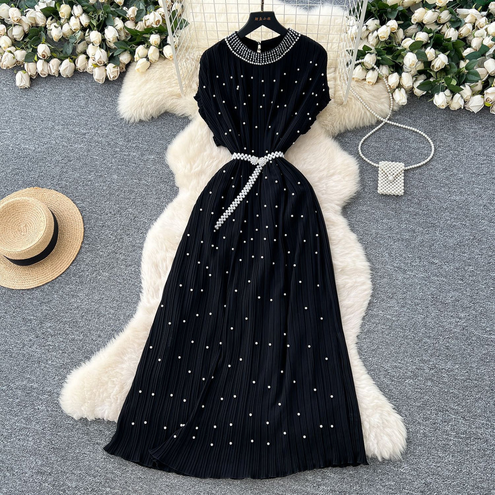 Frenchclassyelegant heavy industry beading round neck short sleeve pleated dress women's summer waist slimming lookelegant long skirt