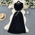 Frenchclassyelegant heavy industry beading round neck short sleeve pleated dress women's summer waist slimming lookelegant long skirt