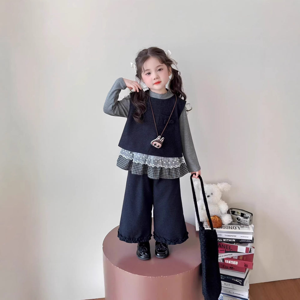 【dropshipping】spring  new girls' outfit set: baby lace-trimmed skirt, tank top, and long pants three-piece set