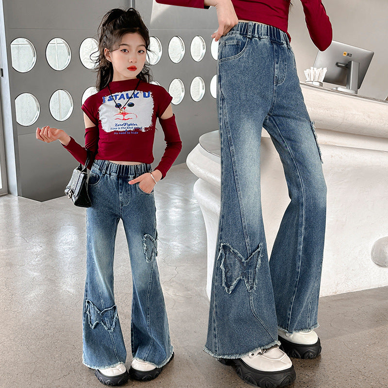 Korean girl's jeans - spring/autumn style, trendy & stylish flare pants for girls, popular kids' denim