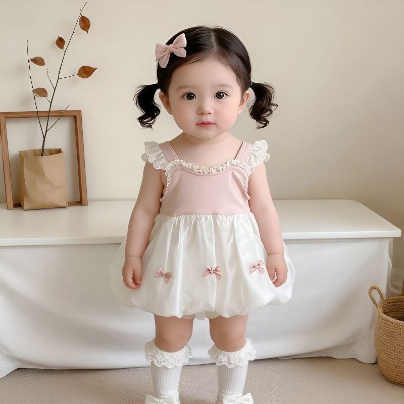 Baby girl summer new sweet lace trim camisole first birthday dress princess bowknot tutu dress