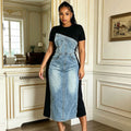 european and american cross-border  denim patchwork midi dress - unique design for women