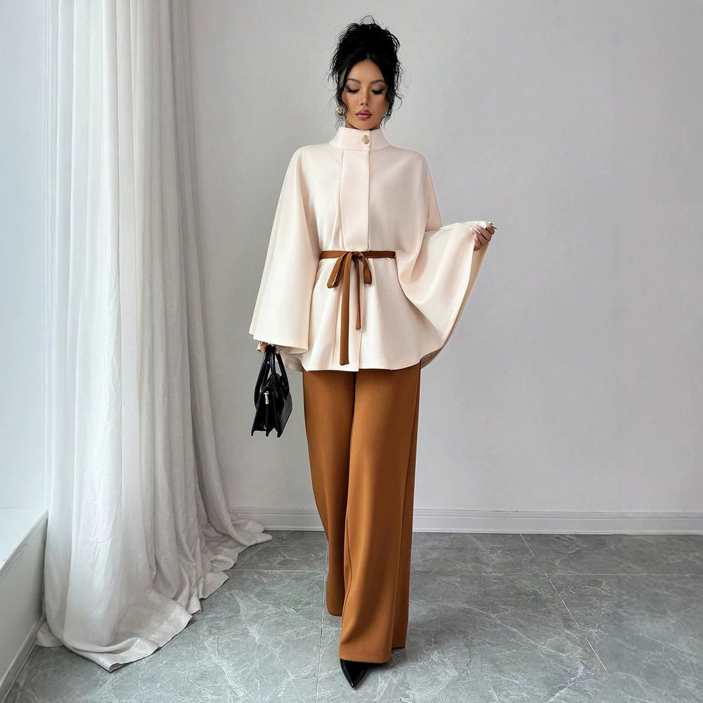 fashion:  new women's outfit - versatile stand collar, cinched waist, tie-waist cropped wool coat set