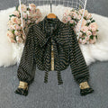 Black bottom gold printing tops collar bows fungus edge patchworkcontrast color bell sleeve short chiffon shirt