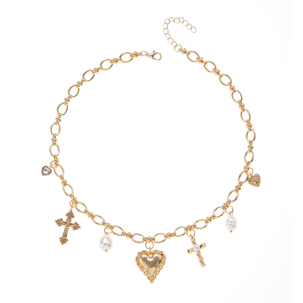 Pearl cross pendant wholesale - trendy cross-border jewelry for women - heart-shaped, niche, high-end, instagrammable, versatile necklace