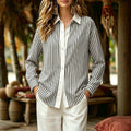 classic vertical striped shirt - white panel placket, turn-down collar, relaxed fit, drop shoulder, versatile long sleeve casual top